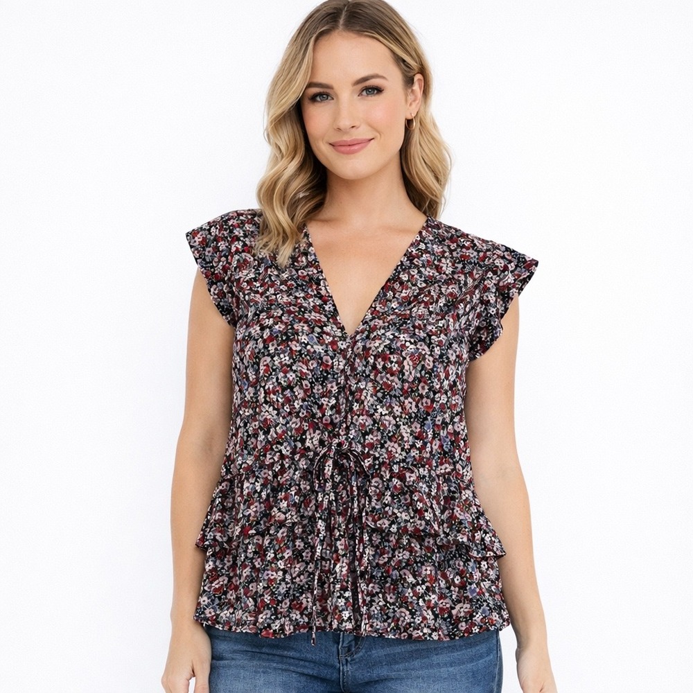 Flynn Skye Revolve Floral Top Size Medium Tie Ruffle Tiered Short Sleeve Blouse